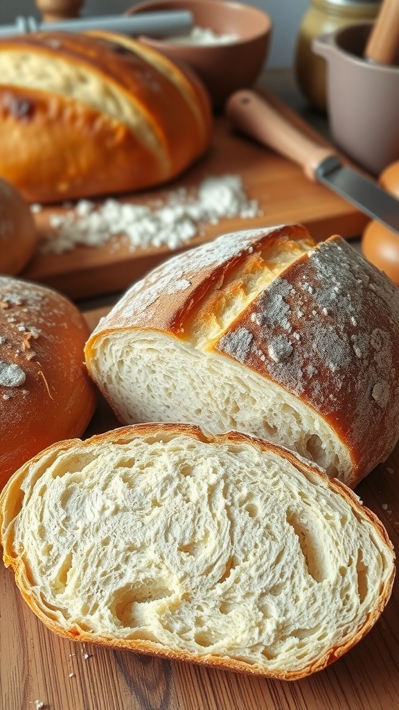 Homemade Bread Troubleshooting Guide An assortment of homemade bread loaves on a wooden board, highlighting their textures and crusts.